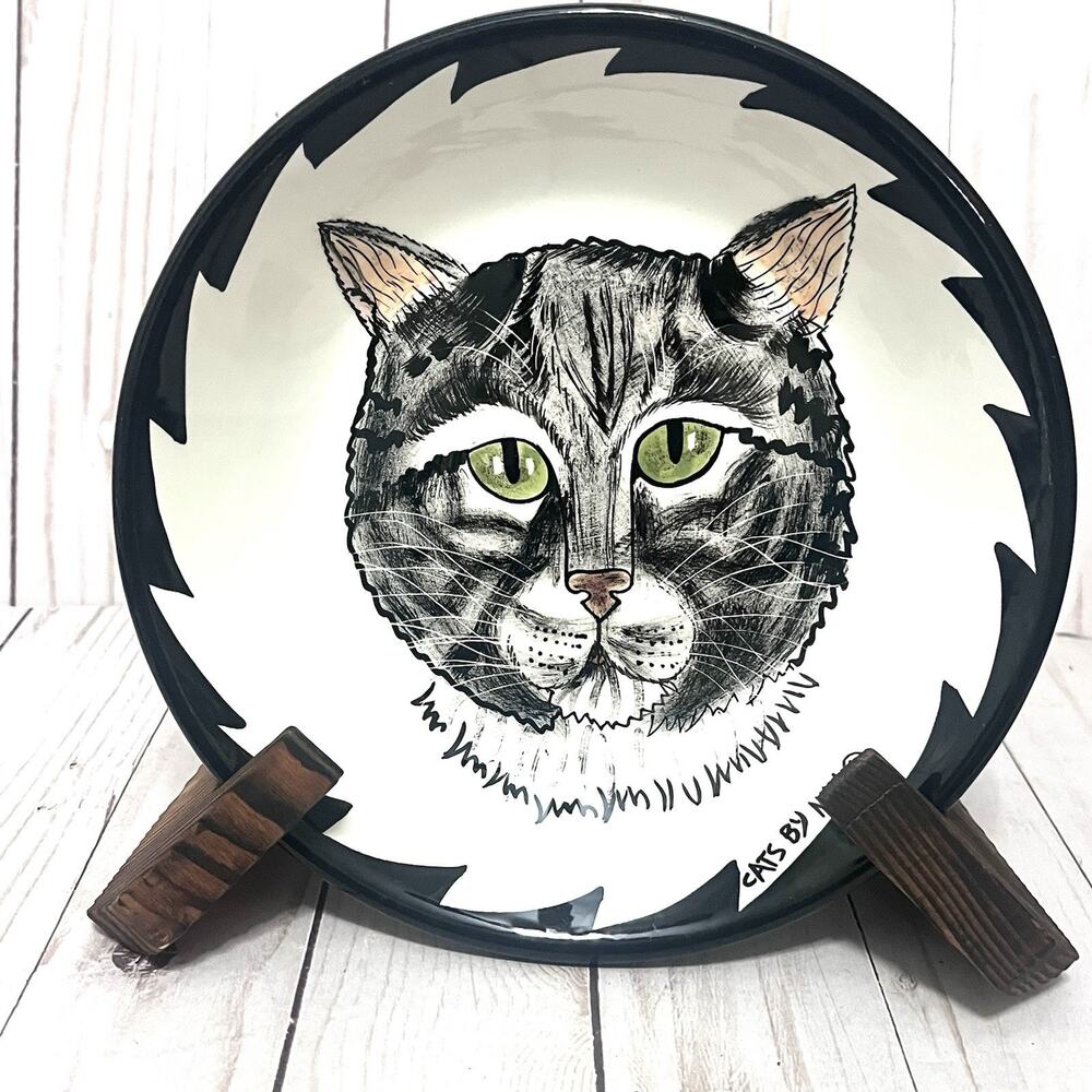 Cats By Nina Bowl Hand Painted Nina Lyman 8 Inches Black Tabby Cat Green Eyes